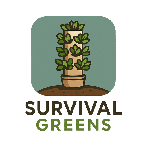 Survival Greens logo showcasing a vertical aeroponic tower garden